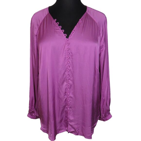La Joie Violet Satin Button Up Long Sleeve Blouse Plus Size 3X - Picture 2 of 15